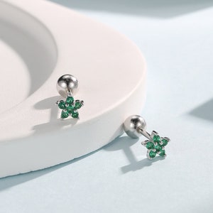 Emerald Green Flower CZ Screw Back Earrings in Sterling Silver, Forget Me Not Floral CZ Earrings, Silver or Gold, Flower CZ Earrings