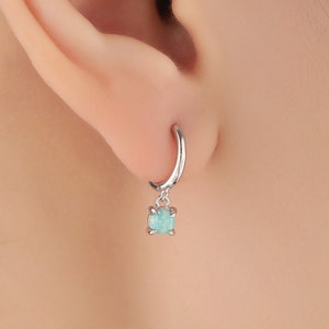 Green Opal Dot Dangle Huggie Hoop Earrings in Sterling Silver, 4mm Tiny Opal Prong Set Hoops, Opal Hoops, Fire Opal Hoops