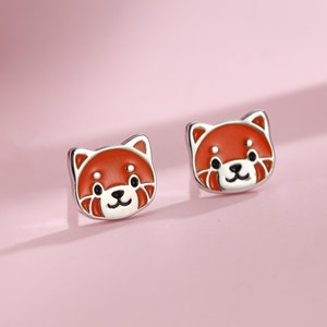 Emaille süße Roter Panda Ohrstecker in Sterling Silber, Lächelnd Roter Panda Ohrstecker, Roter Panda Ohrringe, Panda Bär Ohrringe