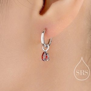 Sterling Silver Garnet Red CZ Droplet Hoop Earrings, Silver, Gold or Rose Gold,  Pear Cut Drop Earrings,  Interchangeable Charms,  January