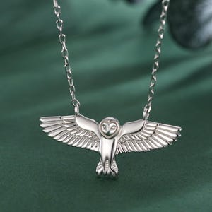 Flying Barn Owl Pendant Necklace in Sterling Silver, Owl Necklace, Silver Barn Owl Necklace, Bird Necklace, Animal Necklace