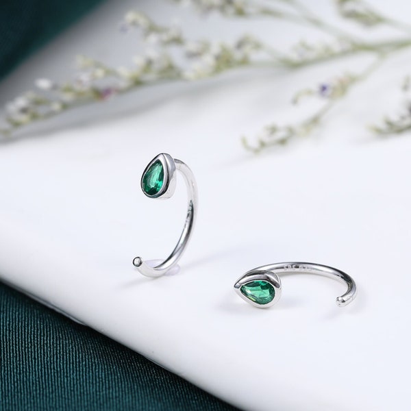 Emerald Green CZ Droplet Huggie Hoop Earrings in Sterling Silver, Tiny CZ Pear Cut Open Hoops, Pull Through Threaders, Half Hoops, C Shape