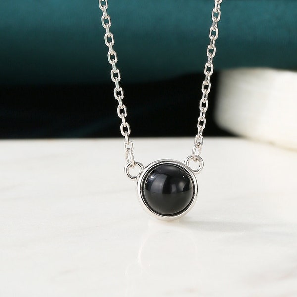 Sterling Silver Genuine Black Onyx Dainty Coin Pendant Necklace - Delicate Black Onyx Stone Coin Necklace