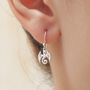 Tiny Dragon Drop Hook Earrings in Sterling Silver, Silver or Gold or Rose Gold, Sterling Silver Dragon Dangle Earrings