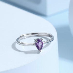 Natural Amethyst Droplet Ring in Sterling Silver,  4x6mm, Prong Set Pear Cut, Adjustable Size, Genuine Amethyst Ring, February Birthstone