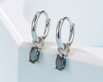 Oval Aurora Black CZ Huggie Hoop in Sterling Silver, Silver or Gold,  Mystic Topaz CZ Crystal Hoop Earrings, Detachable and Interchangeable