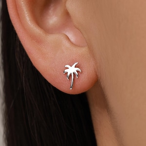 Sterling Silver Tiny Palm Tree Stud Earrings Earrings, Silver or Gold or Rose Gold, Palm Tree Earrings in Sterling Silver, Coconut Tree