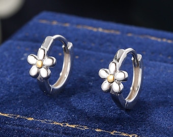 Daisy Huggie Hoop in Sterling Silver, Partial Gold, Flower hoop Earrings, Forget Me Not Floral Earrings, 8mm Inner Diameter