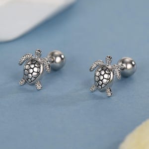 May include: A pair of silver-colored stud earrings. Each earring features a detailed turtle design with a textured shell and small, sparkling accents. The earrings are set against a light blue background, with a white geometric shape and a seashell in the background.