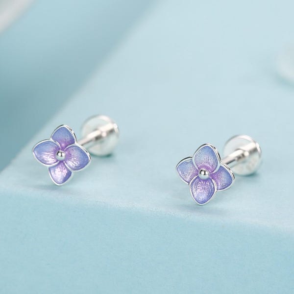 Sterlingzilveren paarse hortensiabloem 16G labret-oorbellen met platte achterkant