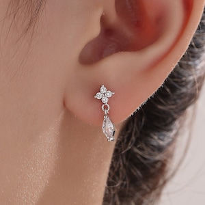 Sterling Silver Four CZ and Marquise Stud Earrings,  Hydrangea CZ Earrings, CZ Dangle Stud Earrings, Silver or Gold, Available in 4 Colours
