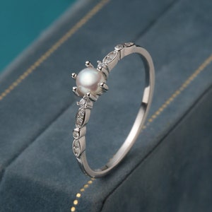 Genuine Freshwater Pearl and CZ  Ring in Sterling Silver, Silver,  Gold or Rose Gold, Natural Pearl Ring, US 5 - 8, Tiny Pearl Ring,