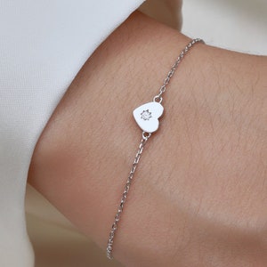 Tiny Heart with Starburst CZ Bracelet in Sterling Silver, Silver or Gold or Rose Gold, Small Heart Bracelet, Silver Heart Bracelet