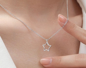 Open Star Pendant Necklace in Sterling Silver, Silver or Open Star Pendant Necklace in Sterling Silver, Silver or