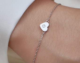 Tiny Heart with Starburst CZ Bracelet in Sterling Silver, Silver or Gold or Rose Gold, Small Heart Bracelet, Silver Heart Bracelet