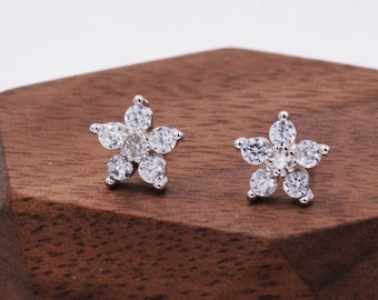 Very Sparkly Forget-me-not Flower Dainty Stud Earrings in Sterling Silver with CZ Crystals, Nature Inspired Design, Delicate and Pretty