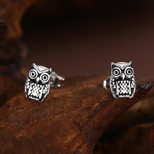 Owl Stud Earrings in Sterling Silver, Oxidised Silver Finish, Silver Animal Earrings, Nature Inspired Jewellery