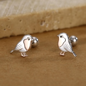 Può includere: Un paio di orecchini a lobo a forma di uccello in argento. Ogni orecchino presenta un piccolo e dettagliato design a forma di uccello con accenti bianchi e oro rosa. Gli orecchini hanno un retro a perno e sfera per un'usura sicura. Gli uccelli sono posizionati su una superficie marrone.