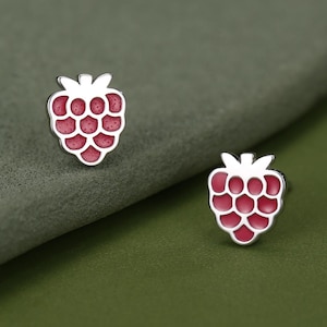 May include: A pair of silver stud earrings shaped like raspberries, featuring a metallic silver outline and a vibrant pink enamel fill that highlights the individual segments of the fruit. The design is symmetrical and detailed with a smooth finish.
