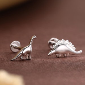 Mismatched Dinosaur Internally Threaded Flat Back /Screw Back / Stud Earrings in Sterling Silver, Silver or Gold or Rose Gold,  Asymmetric