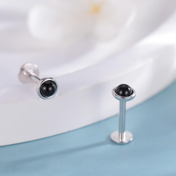 Genuine Black Onyx 16G Internally Threaded Flat Back Earrings in Sterling Silver