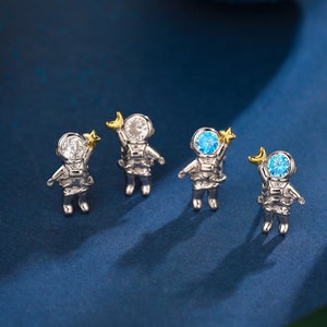 Astronaut Stud Earrings in Sterling Silver, Mismatched Moon and Star Astronaut Earrings, Asymmetric Spaceman Earrings, Blue CZ or Clear CZ