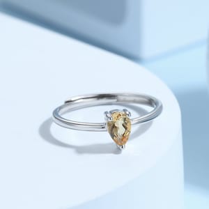 Natural Citrine Droplet Ring in Sterling Silver,  4x6mm, Prong Set Pear Cut, Adjustable Size, Genuine Citrine Ring, November Birthstone