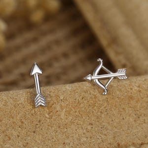 Mismatched Bow and Arrow Stud Earrings in Sterling Silver, Silver or Gold or Rose Gold, Asymmetric Bow and Arrow Earrings