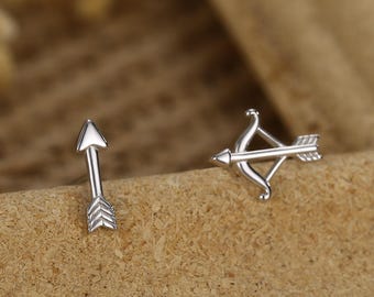 Mismatched Bow and Arrow Stud Earrings in Sterling Silver, Silver or Gold or Rose Gold, Asymmetric Bow and Arrow Earrings