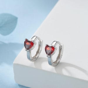 Garnet Red Heart CZ Huggie Hoop in Sterling Silver, Silver or Gold,  8mm Inner Diameter, Stacking Earrings, January Birthstone