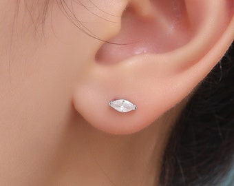 Sterling Silver Marquise CZ Stud Earrings, Simulated Diamond Stud,  Minimalist Geometric Design, April Birthstone