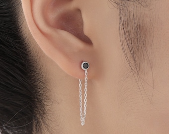 Veste d’oreille à chaîne CZ noire en argent sterling, argent ou or, boucles d’oreilles avant et arrière, boucles d’oreilles en deux parties, boucles d’oreilles à chaîne de liaison