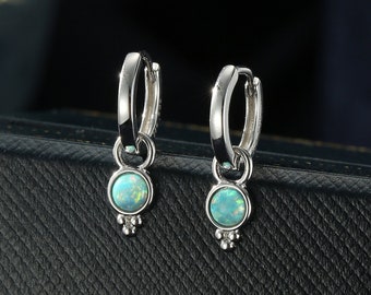 Vintage Inspired Aqua Green Opal Charm Hoop Earrings, Dotted Fire Opal Dangle Hoop Earrings, Silver or Gold, Detachable and Interchangeable