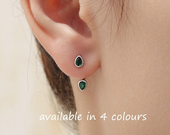 Blouson d'oreille double taille poire avec cz en argent sterling, argent ou or, disponible en bleu, noir, vert, cz incolore, boucles d'oreilles à l'avant et à l'arrière