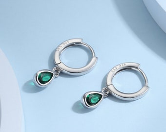 Tiny Emerald Green Droplet CZ Huggie Hoop Earrings in Sterling Silver, Silver or Gold, Geometric Hoop Earrings