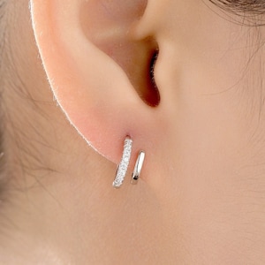 Single Piercing Double Hoop Effect Earrings in Sterling Silver, CZ Pave Hoop Earrings, Silver, Gold, Rose Gold, Dainty and Delicate