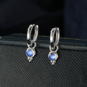 Vintage Inspired Moonstone Charm Hoop Earrings, Dotted Lab Moonstone Dangle Hoop Earrings, Silver or Gold, Detachable and Interchangeable