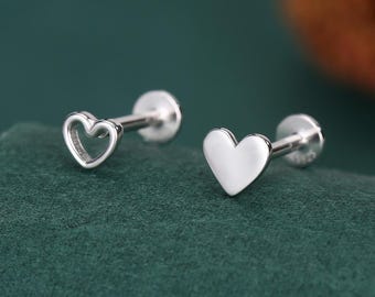 Sterling Silver Mismatched Heart 16G Flat Back Labret Earrings