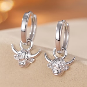 Dangling Highland Cow Huggie Hoops in Sterling Silver, Silver or Gold or Rose Gold, Highland Cow Earrings, Detachable and Interchangeable