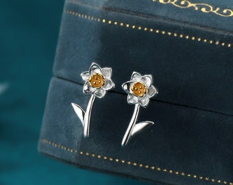 Daffodil Stud Earrings in Sterling Silver, Tiny Flower Earrings, Two Finishes, Daffodil Earrings,  March Birth Flower