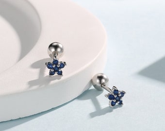 Sapphire Blue Flower CZ Screw Back Earrings in Sterling Silver, Forget Me Not Floral CZ Earrings, Silver or Gold, Flower CZ Earrings