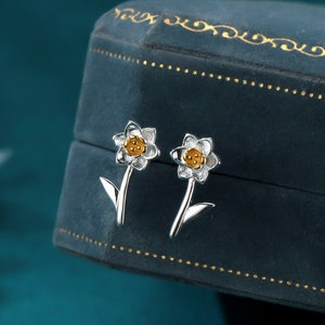 Daffodil Stud Earrings in Sterling Silver, Tiny Flower Earrings, Two Finishes, Daffodil Earrings,  March Birth Flower