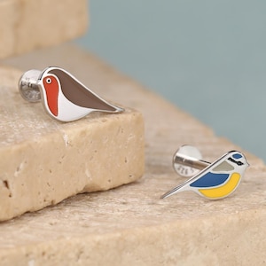 Sterling Silver Mismatched Bird 16G Flat Back Earrings