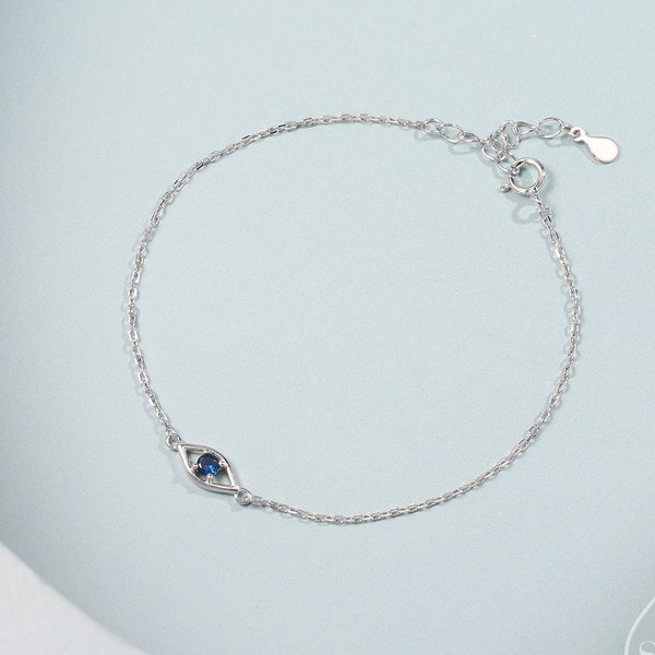 Evil Eye Bracelet in Sterling Silver, Silver or Gold, Hamsa Hand Evil Eye Bracelet, Sapphire Blue CZ Eye Bracelet