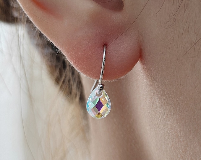 Faceted Glass Crystal Drop Earrings in Sterling Silver, Clear Crystal or Iridescent AB Crystal, Delicate Crystal Earrings
