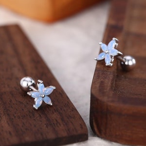 Opal Blue CZ Flower Internally Threaded Flat Back/ Screw Backs/ Stud Earrings in Sterling Silver, Silver or Gold,  Forget Me Not Flower Stud