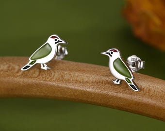 Green Woodpecker Bird Enamel Stud Earrings in Sterling Silver, Colourful Bird Earrings,   Nature Inspired Animal Jewellery