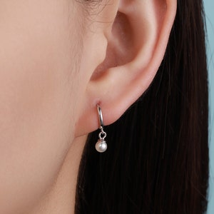 Tiny Mother of Pearl Huggie Hoop Earrings in Sterling Silver,  Simple Pearl Dangle Earrings, Gold and Silver