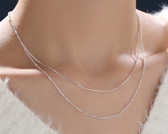 Double Layer Necklace in Sterling Silver with Satellite Chain and Snake Chain,  Silver or Gold or Rose Gold, Chain Necklace