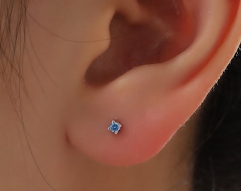 Extra Tiny 2mm Aquamarine Blue CZ Stud Earrings in Sterling Silver